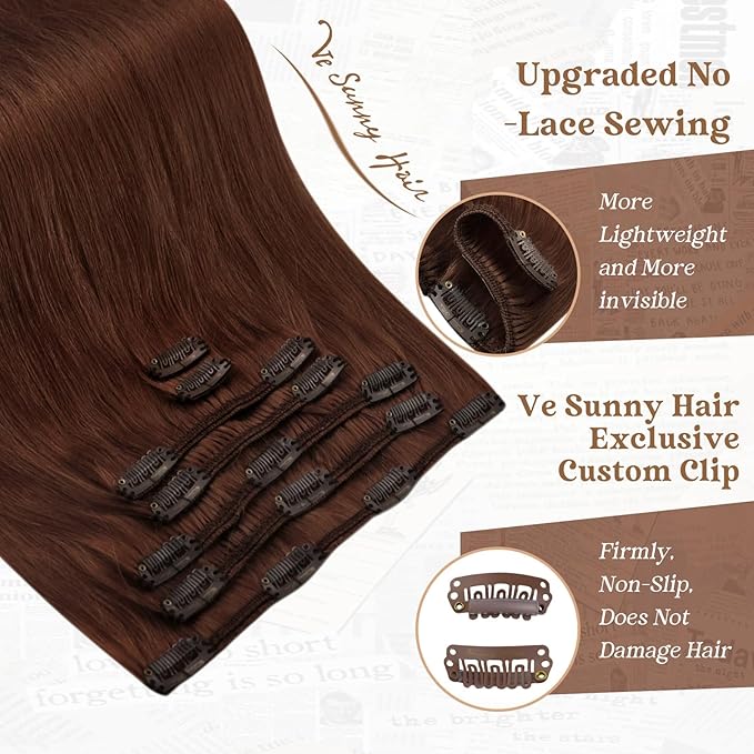 Ve Sunny Clip in Extensions Real Human Hair Dark Auburn Red Hair Clip in Extensions Straight Hair Extensions Real Human Hair Full Head 7pcs 120g 20 inch