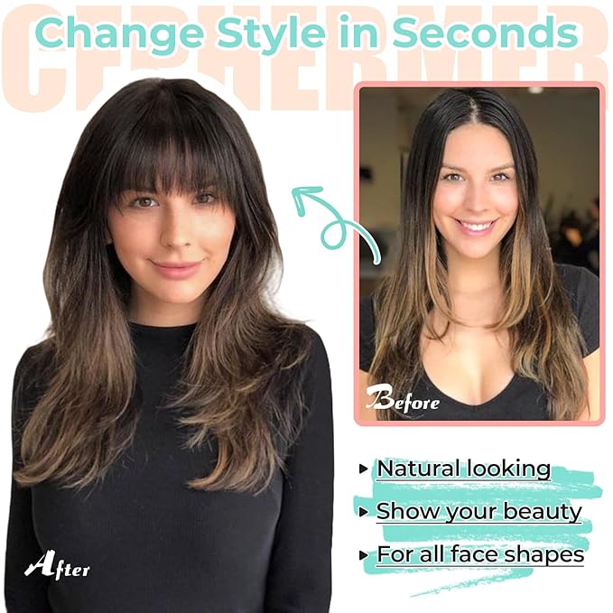 Clip in Bangs, Synthetic French Bangs Hair Clip, Fake Bangs Fringe with Temples Hairpieces for Women Natural Curved Hair Extensions for Daily Wear Light Auburn
