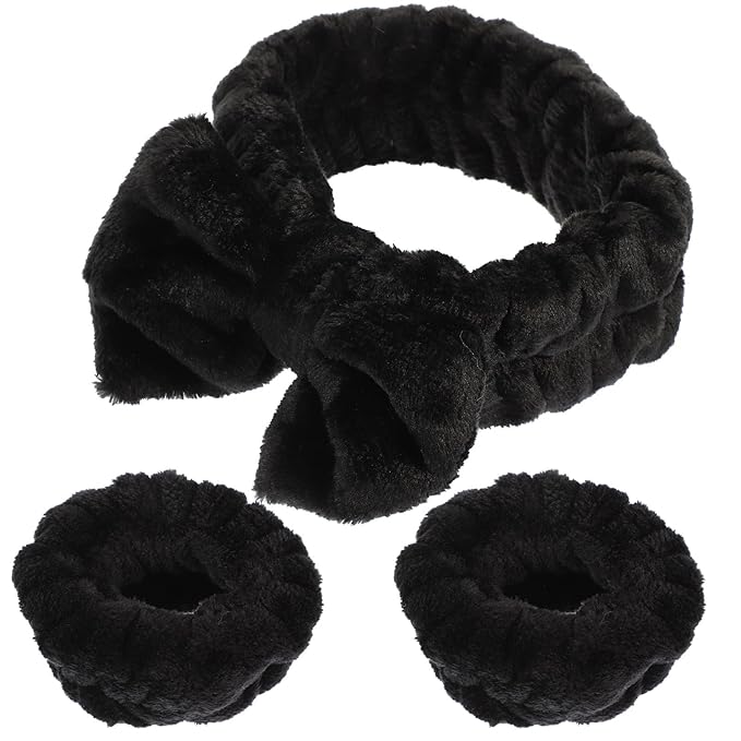 Water Absorbent Makeup Headbands and Wristbands Soft Wide Spa Hairbands for Women Non-slip Comfortable Face Cleaning and Bath Accessories Black Hair Wrap Kit