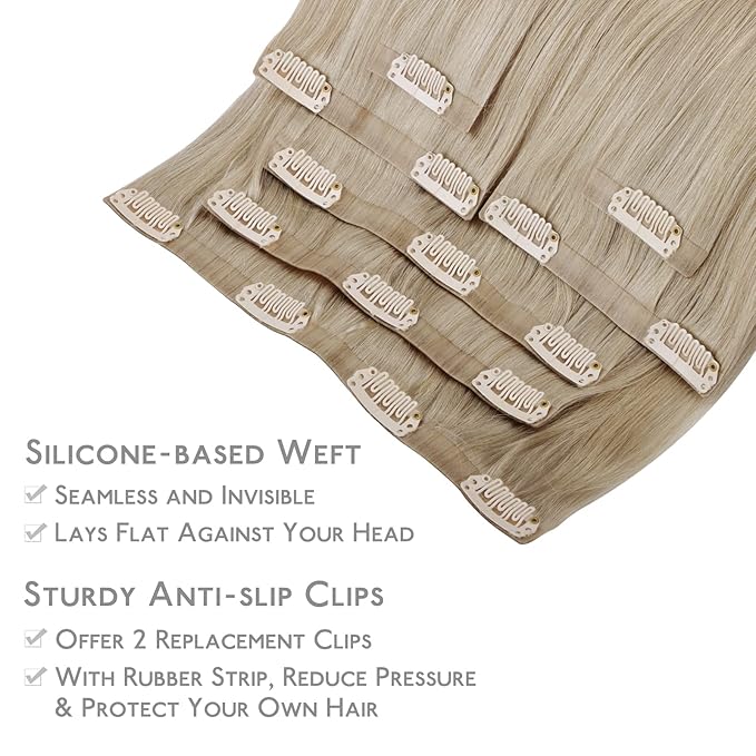 WENNALIFE Seamless Clip In Hair Extensions, 22 Inch 7pcs 150g Ombre Ash Blonde to Golden Blonde Balayage Platinum Blonde Hair Extensions Clip In Invisible PU Weft Real Human Hair Extensions Clip In