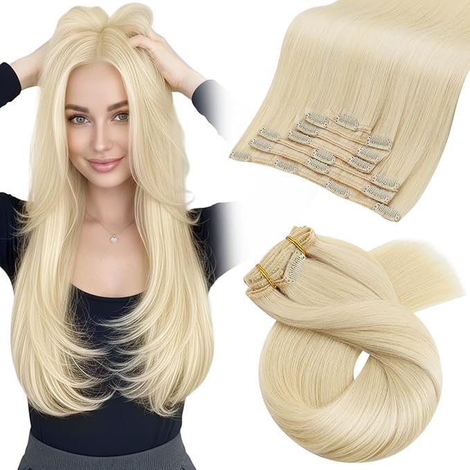 Moresoo Blonde Hair Extensions Clip in Long Golden Platinum Blonde Clip in Hair Extensions Human Hair Remy Double Weft 120g/7pcs 22 inch