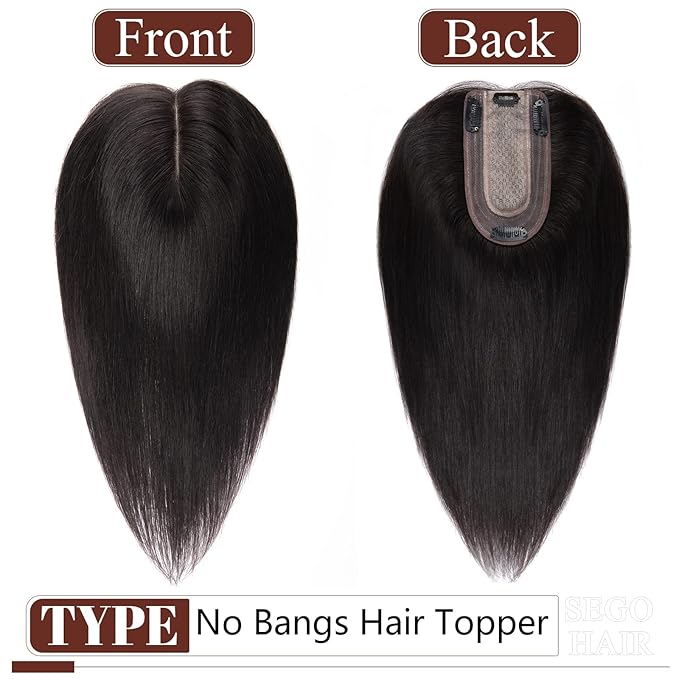 SEGO Real Human Hair Topper for Women, No Bangs Hair Topper with Anti-Slip Clips (6 Inch #1B Natural black)