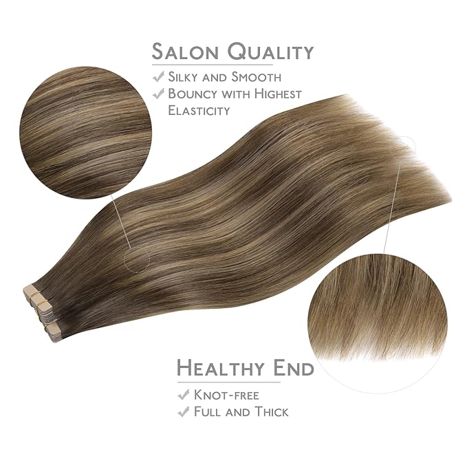 Wennalife Tape-in Hair Extensions, 40pcs 100g, 24 inch Balayage Chocolate Brown to Caramel Blonde, Real Human Hair, Straight, Reusable