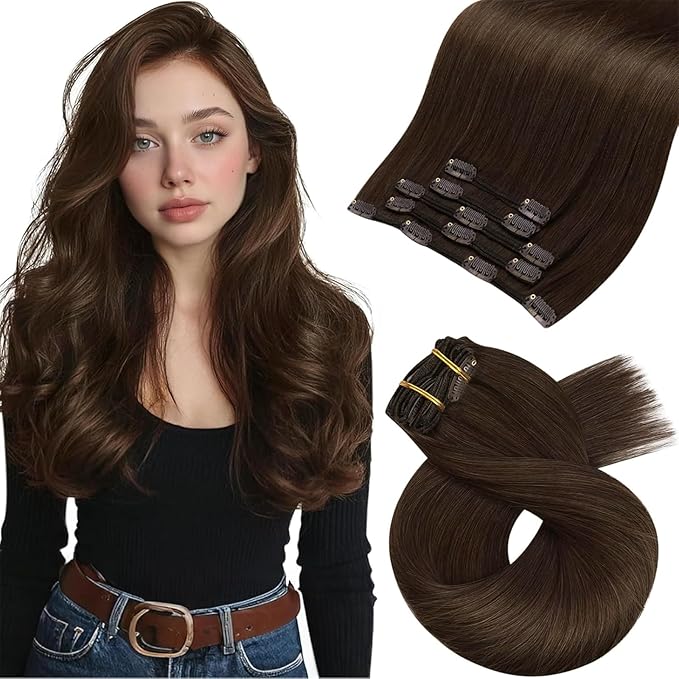 Moresoo Medium Brown Clip in Hair Extensions Remy Human Hair Brown Hair Extensions Clip ins Straight Double Weft for Wedding 80g/5pcs 18 inch