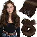 Moresoo Clip in Hair Extensions Real Human Hair Medium Brown Hair Extensions Clip ins Medium Brown Double Weft for Women Long to Add Length 80g/5pcs 20 inch Daily