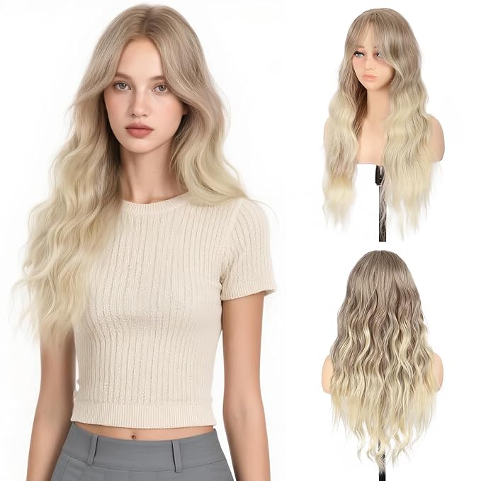 Long Wavy Ash Blonde Wig with Curtain Bangs for Women 26 Inch Synthetic Wig Natural Looking Heat Resistant Fiber Hair Wig for Daily Party Halloween Cosplay Use