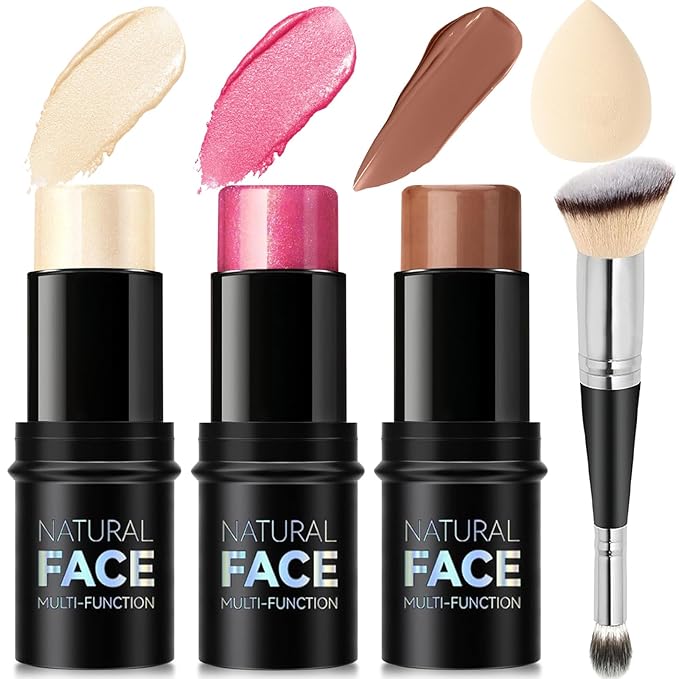 3Pcs Cream Contour Stick Makeup Kit, Shades with Highlighter Stick, Blush Stick and Bronzer Contour Stick for Sculpt the Cheeks, Long Lasting, Waterproof, Matte & Dewy Finish (LIGHT)