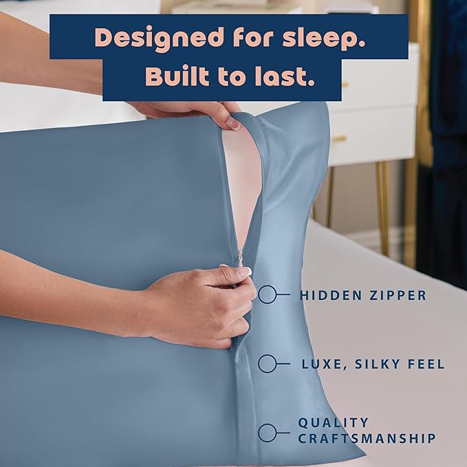 BLISSFORD Satin Pillowcase with Zipper, for Hair and Skin Care, Feels Soft and Cool Like a Silk Pillowcase, Satin Pillow Cases 2 Pack, Slik Pillow Cover, Slate Blue - Standard Size, Set of 2
