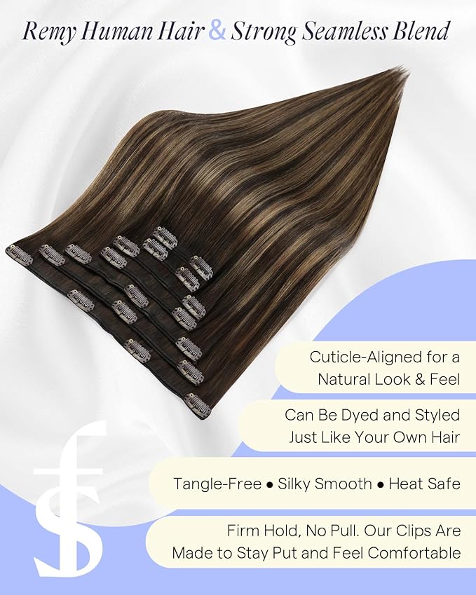 Full Shine Clip in Hair Extensions Balayage 135 G Thick Hair Extensions Clip ins Straight Dark Brown to Light Brown Remy Hair for Volume 18 Inch 7 Pcs