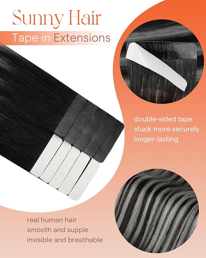 Sunny Hair Tape in Hair Extensions Real Human Hair Invisible Remy Hair Extensions Tape ins for Women Ombre Natural Black Root to Sliver Grey 18 inch 25G