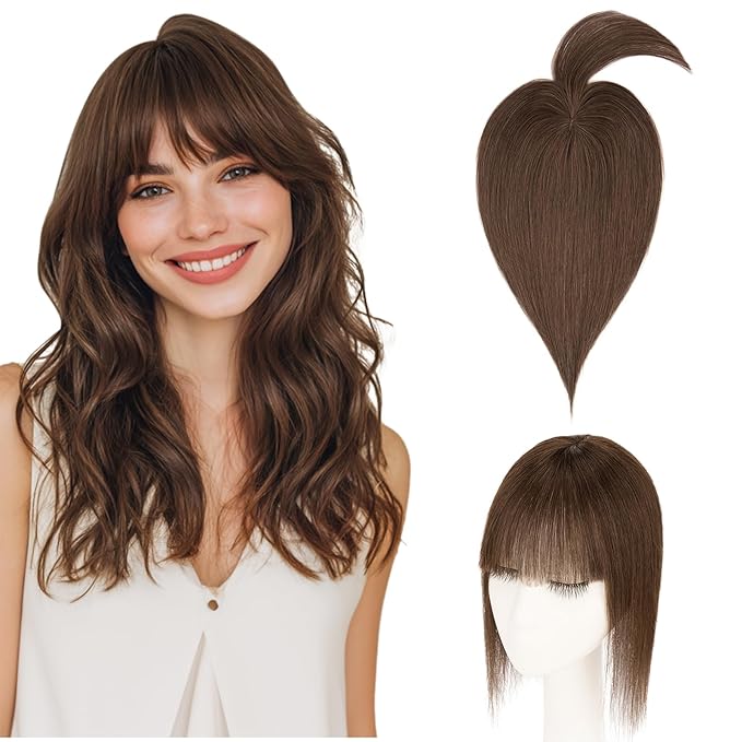 Hairro Mono Hair Toppers with Bangs, 3.4" x 3.4" Mono Base 100% Real Human Hairpieces for Women, 150% Density Clips In Topper for Greyish Thinning Hair, 16 Inch Dark Brown