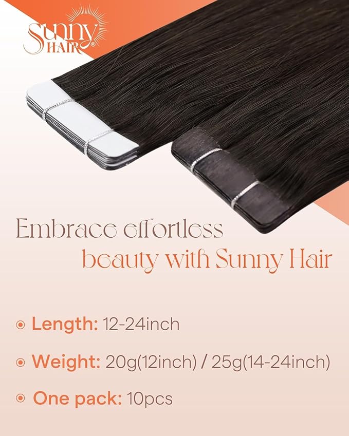 Sunny Hair Tape in Hair Extensions Real Human Hair Invisible Remy Hair Extensions Tape ins for Women Darkest Brown 20 inch 25G