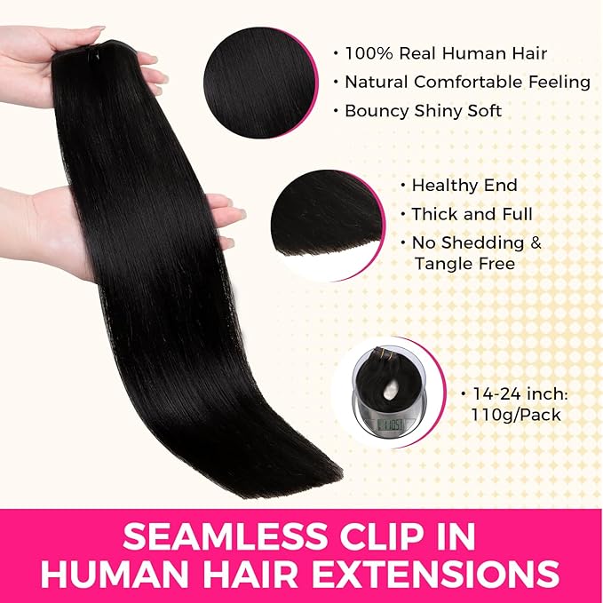 Lashey Seamless Clip in Hair Extensions Human Hair #1 Jet Black Light Yaki Straight Clip in Hair Extensions Real Human Hair 7pcs 110g 22 Inch PU Weft Natural Hair Extension for Women
