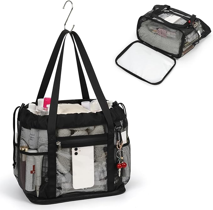 Large Shower Caddy Portable, Mesh Shower Caddy with Hook, Hanging Toiletry Bag with Dividers, Quick Dry Bathroom Tote Shower Bag with Bottom Zipper Open Design for Gym, Dorm, Camping, Beach, Travel