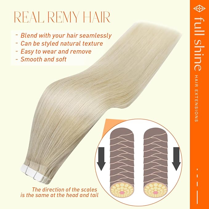Full Shine Blonde Tape in Hair Extensions Human Hair 18 Inch 20 Pcs Color 60 Seamless Tape in Extensions Straight Silky 50 Gram Skin Weft Add Volume for Wedding Soft Remy