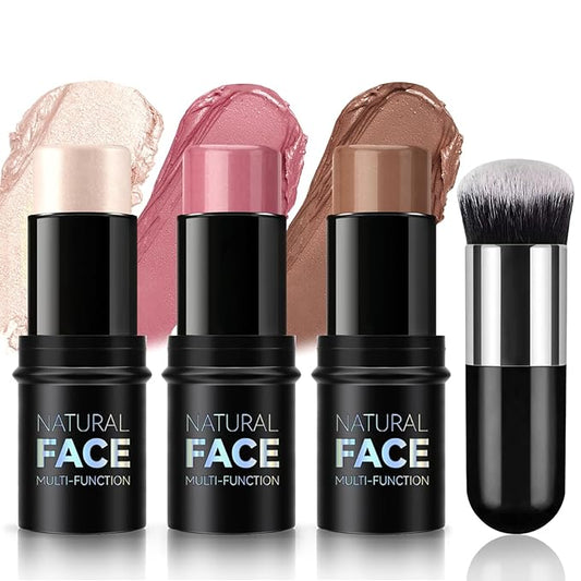 3 Pcs Cream Blush Contour Highlighter Stick for Cheeks Eyes Lips Lightweight Dewy Finish Blush Stick Waterproof Long Lasting Contour Stick Trio Wand Face Makeup Set for Girls and Women (2+5+6)