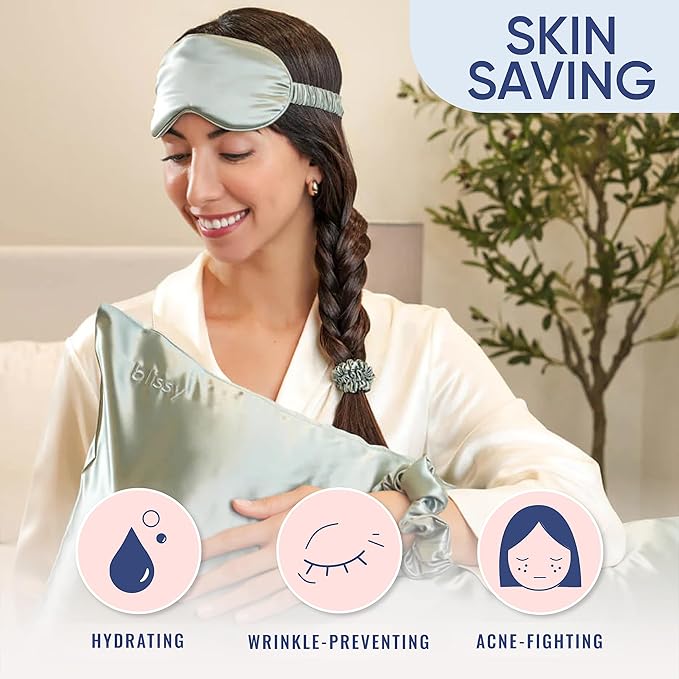 Blissy Silk Pillowcase - 100% Pure Mulberry Silk - 22 Momme 6A High-Grade Fibers - Silk Pillow Cover for Hair & Skin - Regular, Queen & King (Matcha, Queen)