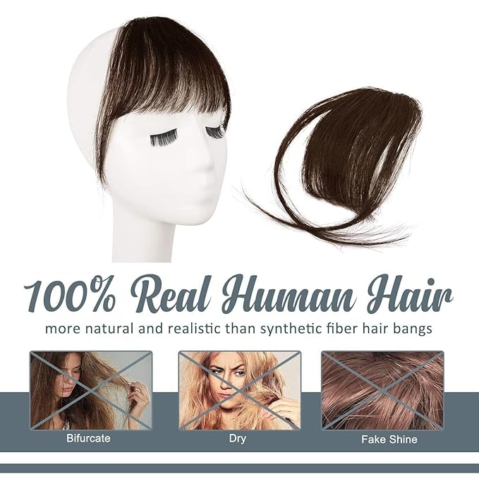 BARSDAR Real Human Hair Clip in Bangs - 100% Human Hair Clip in Bangs for Women - Brown Wispy Bangs Extensions Fringe with Temples Dyeable Real Hair Bangs Hairpieces - Dark Auburn Brown