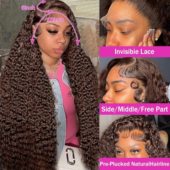 Anderah Chocolate Brown Deep Wave Lace Front Wigs Human Hair 200 Density 13x6 HD Lace Frontal Wigs Curly Human Hair Wig For Women Pre Plucked with Natural Hairline 4# Brown Color (32inch)