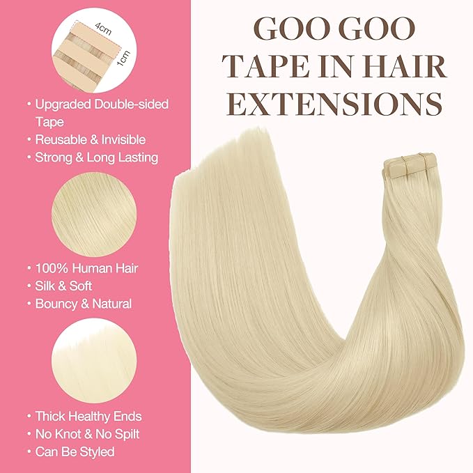 GOO GOO Tape in Hair Extensions Human Hair, 60A Platinum Blonde, 26inch 120g 40pcs, Skin Weft Seamless Invisible, Silky Straight with Thick Ends, Remy Human Hair