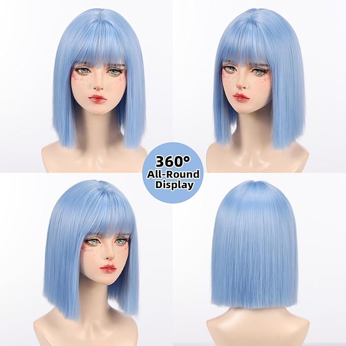 Allbell Light Blue Wigs for Women Short Bob with Bangs Heat Resistant Synthetic Hair 12 inch for Daily Party Halloween Costume Use