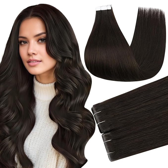 Full Shine Injection Tape ins Human Hair Extensions Injected Tape in Extensions Color 2 Brown Straight Brazilian Extension Seamless Remy Silky Skin Weft 24Inch 50Gram 20Pcs for Wedding