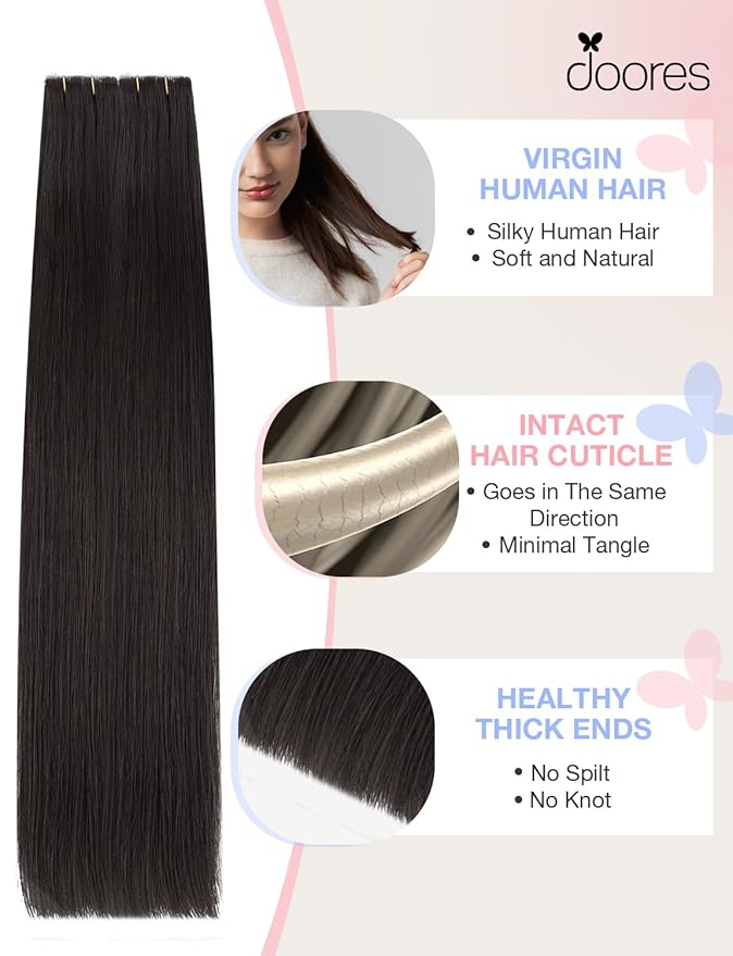 DOORES Invisi Edge Tape in Human Hair Extensions, Natural Black 10 Injection Tapeins with 10 Injection Tapeins 50g 22 Inch, Injected Tape in Extensions Virgin Hair Thick Ends