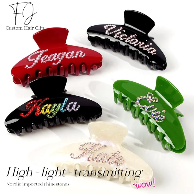 Personalized Colorful Name Hair Claw Clips for Women,Custom Hair Clips with Diamond,Cute Hair Accessories 4",Handmade Rhinestones Hair Clamp Gifts for Mom,Bride,Wife,Bridesmaid,Couples（Green）