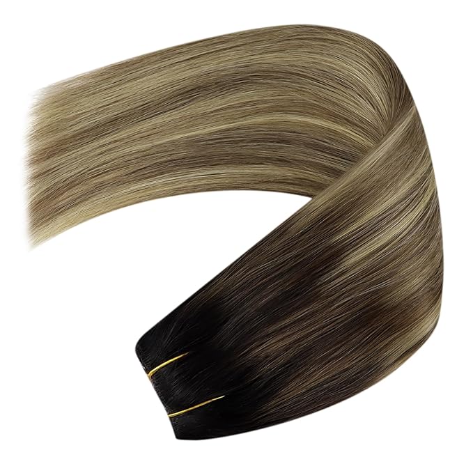 YoungSee Invisible Wire Hair Extensions Balayage Wire Human Hair Extension Dark Brown Ombre Medium Brown with Blonde Easy to Put in Headband Hair Extensions 16In 80G