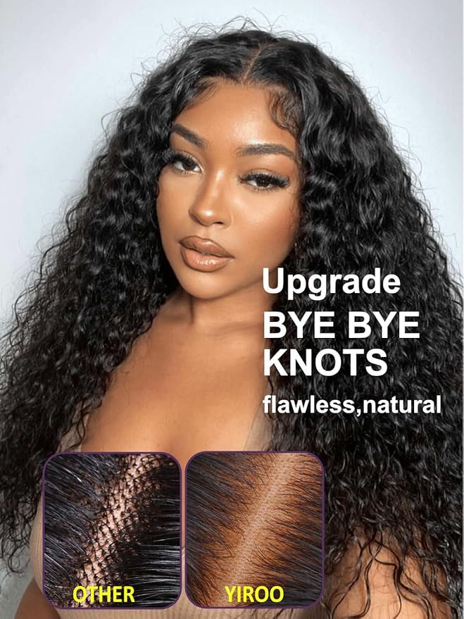 YIROO Bye Bye Knots Glueless Water Wave and Jerry Curly Drawstring Wig Human Hair, 7x5 Pre Cut Lace Front Glueless Wigs Pre Bleached Pre Plucked Wear and Go Wig for Women 150% Density 20Inch