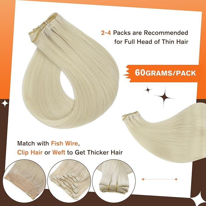 Full Shine Hair Extensions Clip in 14 Inch Hair Clip in Extensions Invisible Platinum Blonde Human Hair Short Extensions for Women Softness with Lace Weft 3 PCS 60 G