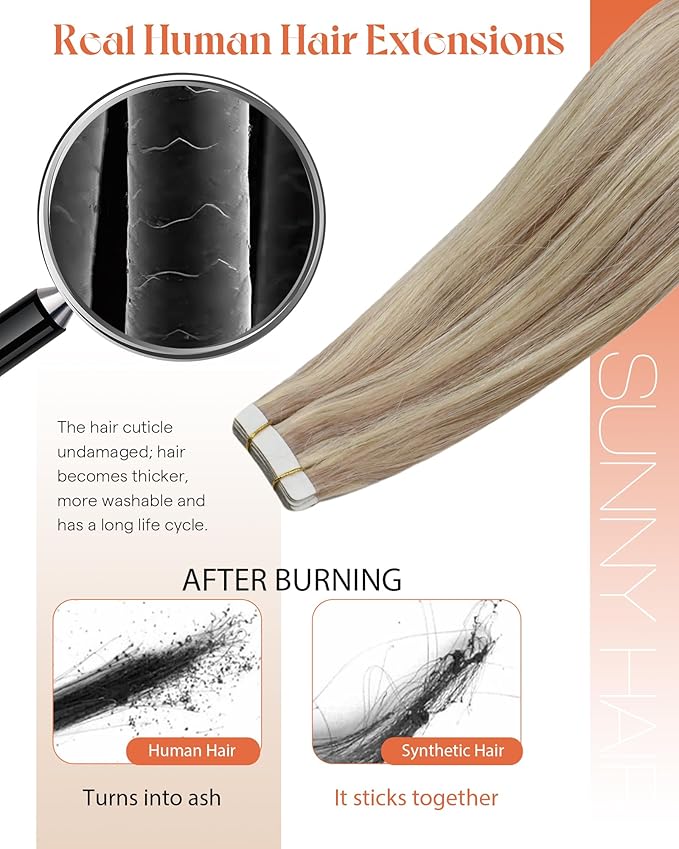 Sunny Hair Blonde Tape in Hair Extensions Human Hair Ash Blonde Highlight Bleach Blonde Hair Extensions Tape in 12 Inch Remy Tape in Txtensions for Women Wedding 20Pcs 30g