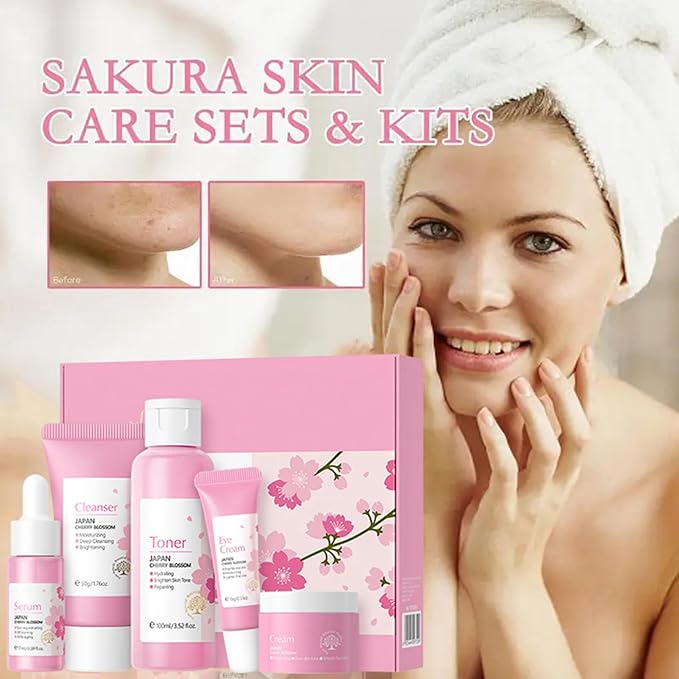 Korean Skin Care Set - Sakura Skin Care Sets & Kits - Women Gift Sets with Cleanser-Toner-Serum-Face Cream-Eye Cream - Skin Care Routine Kit for Women - Beauty Products Gift Box (SetB)