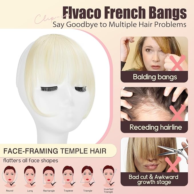 Clip in Bangs, Synthetic Wispy Bangs Hair Clip, Bleach Blonde Fake Bangs Fringe with Temples Hairpieces for Women Natural Curved Hair Extensions for Daily Wear