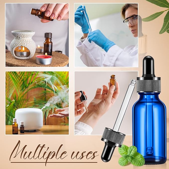 Lallisa 100 Pack Essential Oil Dropper Bottle 30 ml (1 Oz) Glass Dropper Bottles DIY for DIY Essential Oil Perfume with 5 Funnels 5 Pipettes 3ml 100 Labels for Bathrooms, Hotels, Labs (Blue)