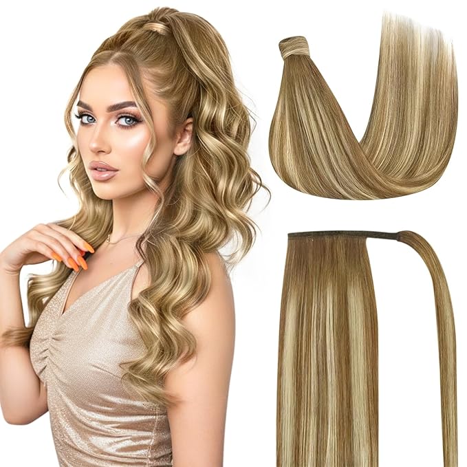 Ve Sunny Ponytail Extension Human Hair for Women Clip in Ponytail Hair Extension Straight Human Hair Pieces Wrap Around Medium Brown Fading To Brown Mix Platinum Blonde Balayage 14inch 80G
