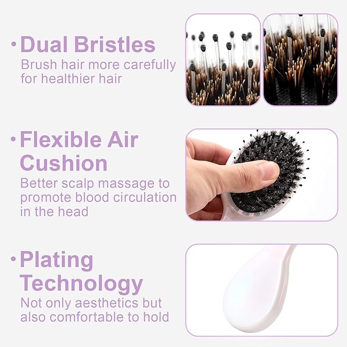 Mini Boar Bristles Hair Bursh, Travel Size Hair Brush for Women Men Kids, Protable Small Hair Brushes for Pockets Purses, Mini Hair Brush for Smooth Add Shine (1 Pack-White)