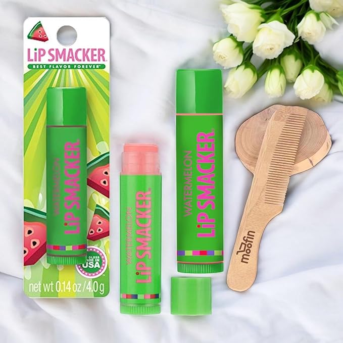 Lip Smacker Water melon Flavored Balm, Glossy Balm for Soft, Shiny s, gloss Hydrating Clear Shine, Built in USA, Bundle with Moofin Wooden Comb, skin care [Pack of 2]