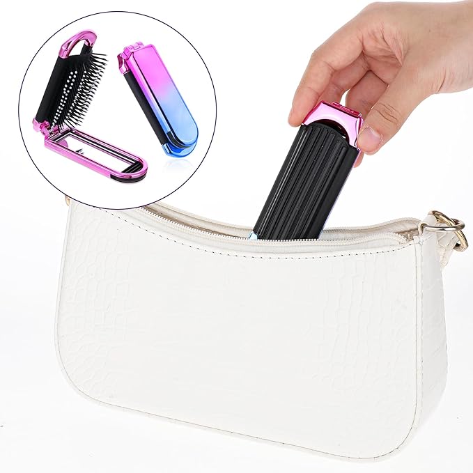Travel Hair Brush with Mirror,2 Pack Folding Hair Brush Travel Size Hair Massage Comb Compact Hair Brush Foldable Pocket Hairbrush for Women and Men, Hair Styling Tools (Pink & Gradient)