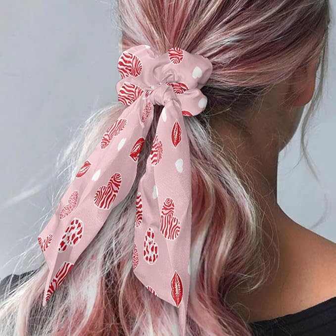 2 Piece Heart Print Ribbon Bow Elastic Hair Ties for Women Trendy Knotted Bow Valentine's Day Hair Scrunchies Soft Scarf Scrunchy with Flowing Tails