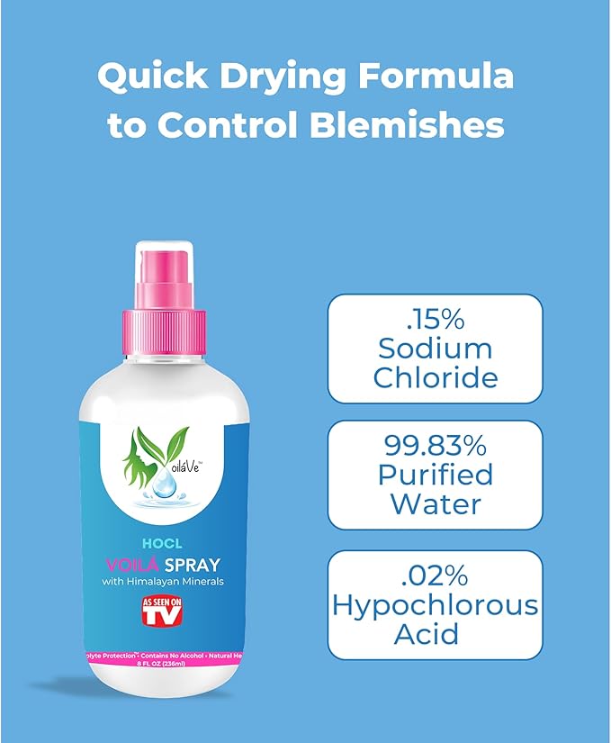 VoilaVe HOCL Spray | Hypochlorous Acid Spray for Skin | HOCL Face & Body Mist Toner for Acne, Scars, Redness, Irritations, Itchy Scalp & Piercing Aftercare | As Seen on TV – 8oz (Packaging May Vary)