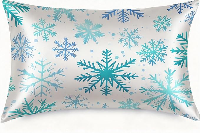 1 Pack Satin Pillowcase for Hair and Skin Blue and Turquoise Snowflakes Imitation Silk Pillowcase with Hidden Zipper Soft Breathable Pillow Cover Standard Size for Bedroom Sofa 20”x26”