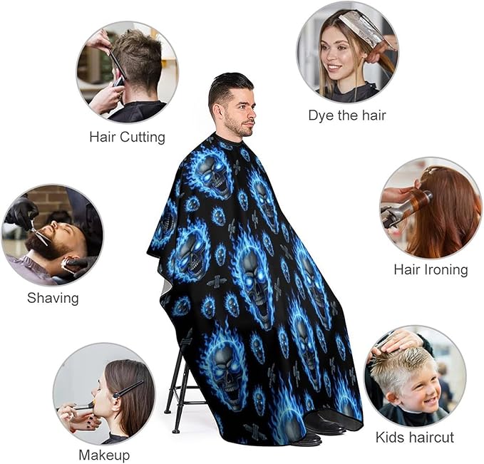 Full Coverage Hair Styling Cape, Blue Fire Flame Skull Professional Hair Cutting Apron Haircuting Salon Cape Gown for Barbers