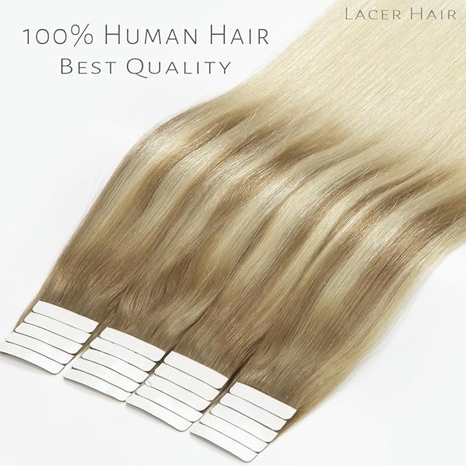 Lacer Hair Extensions Real Human Hair Tape in Balayage Light Brown to Platinum blonde Real Virgin Tape in Hair Extensions Human Hair PU Skin Weft Double Side 50g 20pcs/set 16 Inches