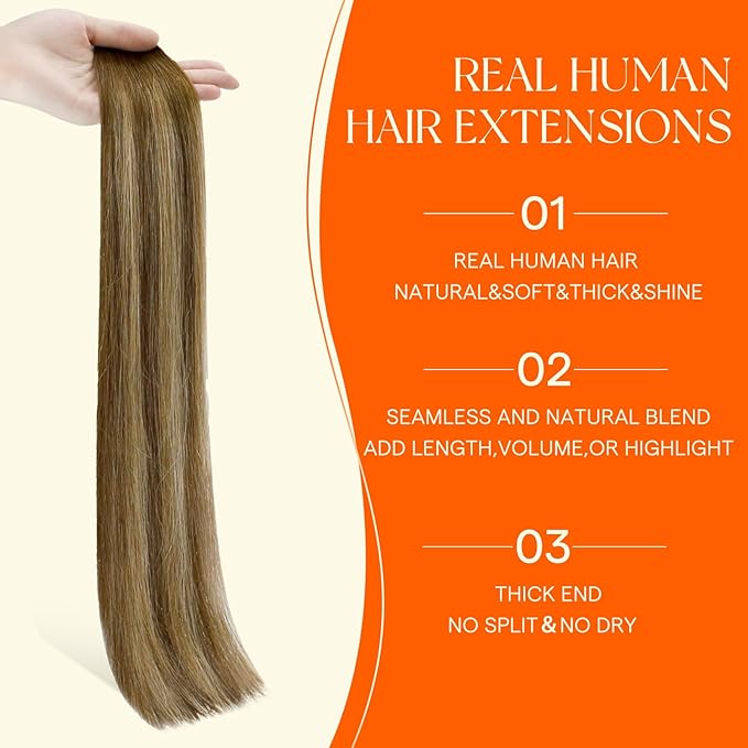 Full Shine Seamless Injection Tape in Extensions Color 4/24/4 Brown Fading to Blonde and Brown 24 Inch Invisible Machine Remy Thick Tape in Hair Extensions Human Hair 20 Pcs Silky Straight 50G