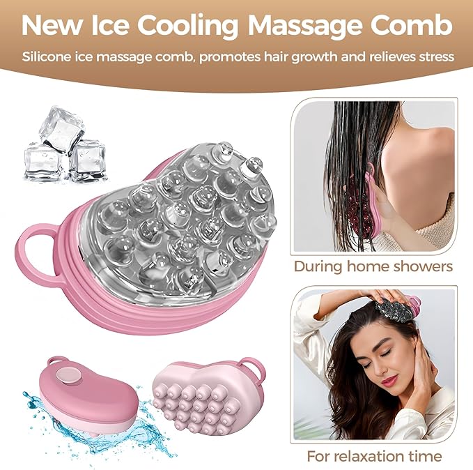 Ice Compress Scalp Massager Hair Growth Massage Comb - Upgraded Raised Dot Ice Tray Design for Tension Headache Relief and Scalp Care (Pink)