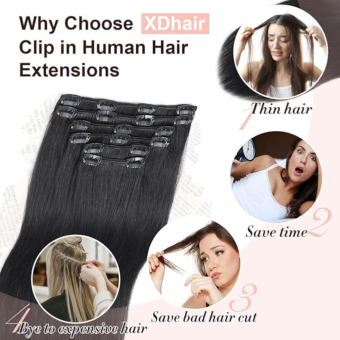 XDhair Black Clip in Hair Extensions Human Hair 100g 14Inch Black Clip in Hair Extensions 6Pcs Straight Real Hair for Women (#1,14Inch)