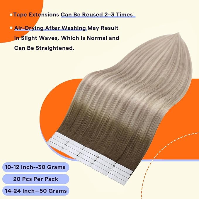 Full Shine Tape Ins Human Hair Extensions 20 Inch Color 8 Ash Brown Fading to 60 and 18 Ash Blonde Seamless Skin Weft Tape in Hair Extensions 20Pcs 50G Double Sided Tape Extensions for Women Real Hair