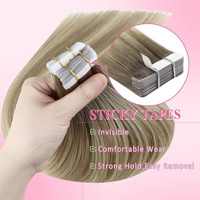 YoungSee Blonde Tape in Hair Extensions Balayage Human Hair Tape in Extensions Ash Blonde Ombre Platinum Blonde Hair Extension Real Human Hair Tape-in Balayage Tape Hair Extension 22In 50g 20pcs