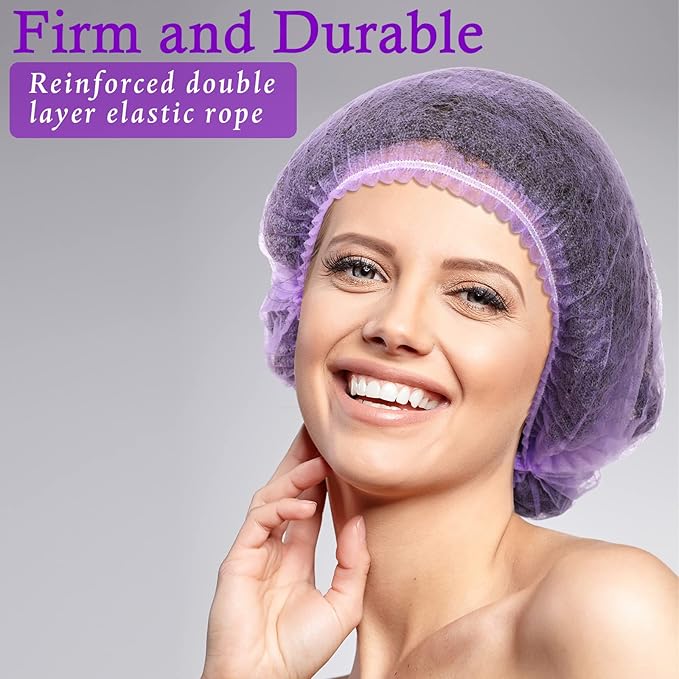 100 Pcs Disposable Nonwoven Bouffant Caps 21 Inch Hair Net Elastic Cap Hair Cover Hats for Beauty Salon Hospital Spa Catering Dust-free Workspace(Purple)